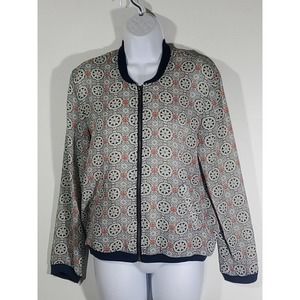 About A Girl Zip Up Medium Knit Trim Floral Long Sleeve Top Jacket Blue Beige